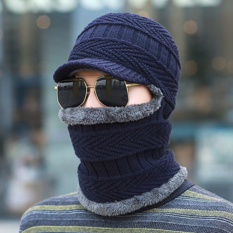 Cappello da sci in peluche lavorato a maglia da uomo cappello da sci antivento invernale lavorato a maglia all'aperto con collo a sciarpa Siamese spesso cappello con berretti caldi