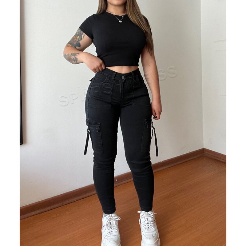 Calça feminina de cintura alta com bolsos, calça reta, streetwear feminina, design hip-hop, monocromática, Y2K, 2021