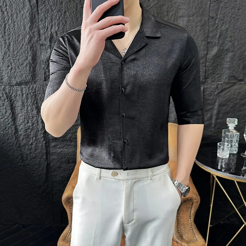 Camisa monocromática slim fit masculina, camisas de negócios, colarinho de terno, meia manga, tecido liso, marca de alta qualidade, 4XL-M