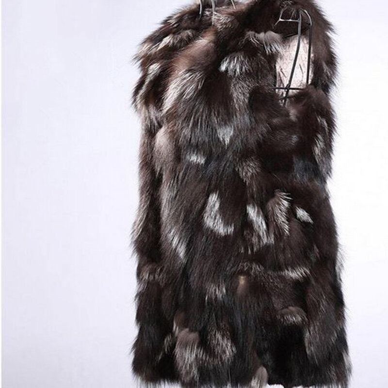 Chaleco largo de piel de zorro para mujer, abrigo de piel de zorro plateado natural puro, moda de invierno