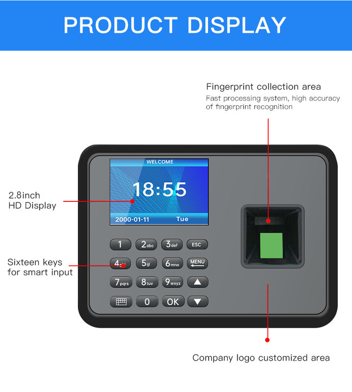 A7 Attendance Machine Password+Fingerprint 2.8 Inch Color Screen No need to download software Intelligent Report Generation
