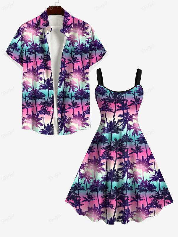 ROSEGAL Plus Size Lovers Matching Set Coconut Tree Ombre Galaxy Print Men Tee And Women's Dress Hawaii Beach Outfit
