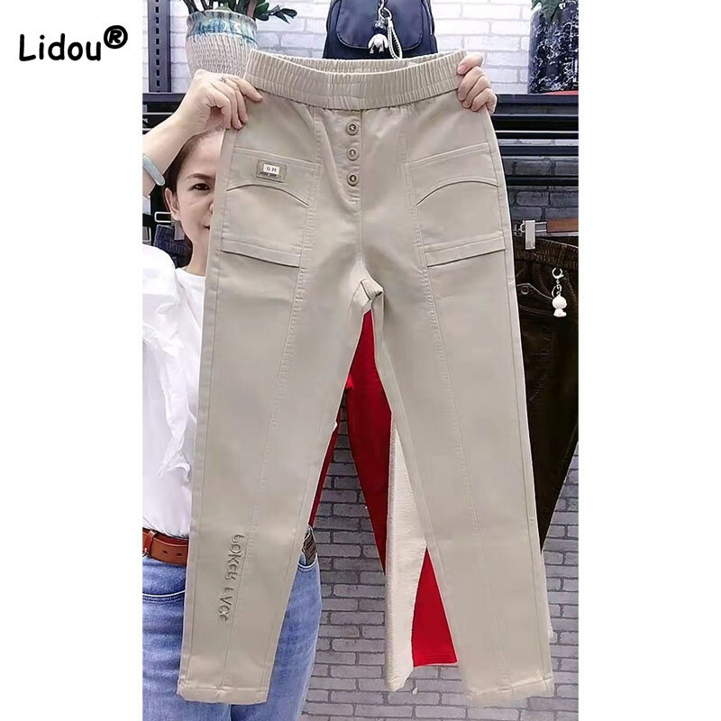 Modna prostota elastyczny, wysoki talia jeansowe spodnie haremowe odzież damska wiosna lato casualowe jednokolorowe spodnie