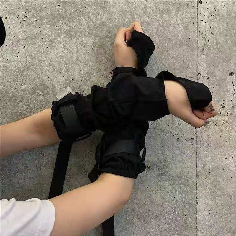 1 para fajne czarne Punk Unisex Arm Warmer rękawiczki bez palców mankiet z klamrą Ninja długość łokcia gotycki rękaw ochronny