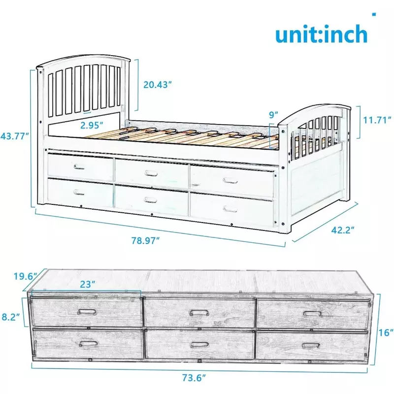 Детская кровать, двухместная платформа из массива дерева с 6 ящиками, детская кровать