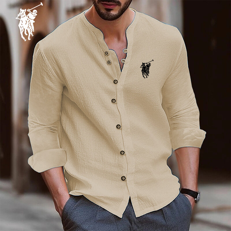 2024 High Quality Men's Spring/Summer New Sleeved Cotton Linen Shirt Business Casual Loose Fitting T-shirt Shirt Top