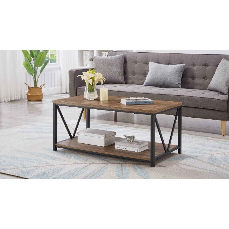 Rustic Coffee Table with Storage Shelf, Vintage Wood and Metal Cocktail Table for Living Room