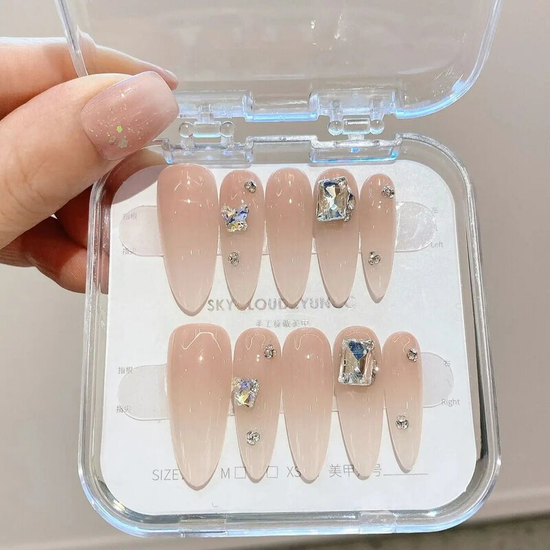 10 szt. Baleriny paznokcie różowe gradientowe cyrkonie sztuczne paznokcie błyszczące ręcznie robione Manicure wielokrotnego użytku sztuczne paznokcie dla kobiet