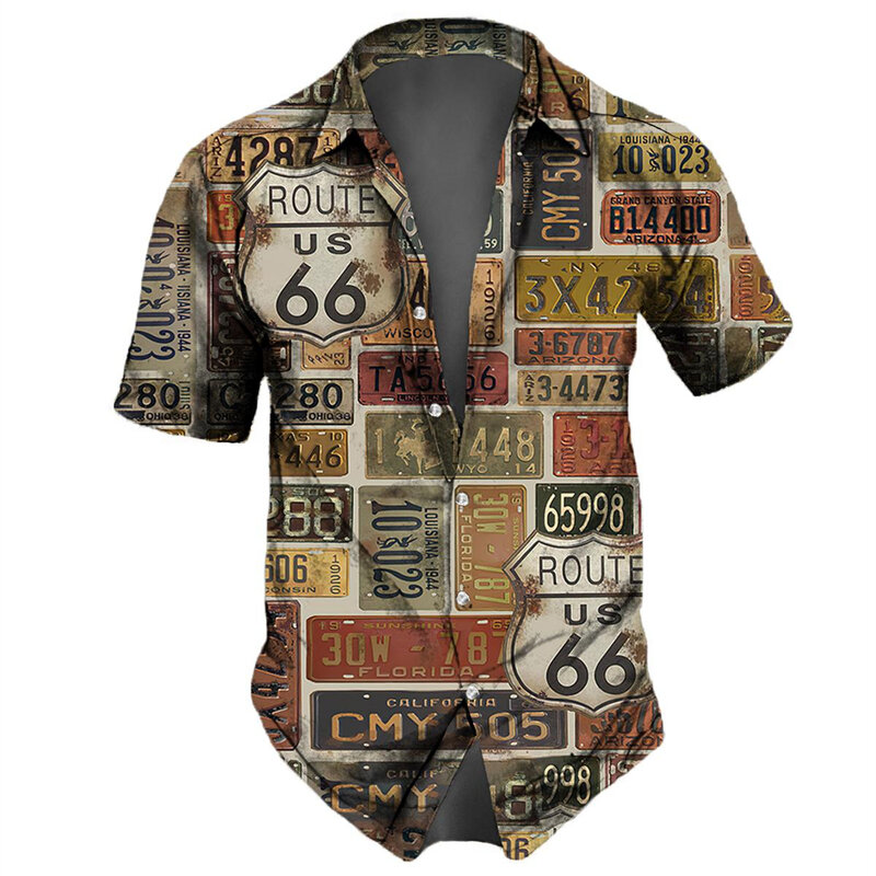 Koszule męskie w stylu Vintage trasa 66 z nadrukiem topy z krótkim rękawem letnie ubrania amerykańskie zabytki wzór koszula za duże koszulki Streetwear