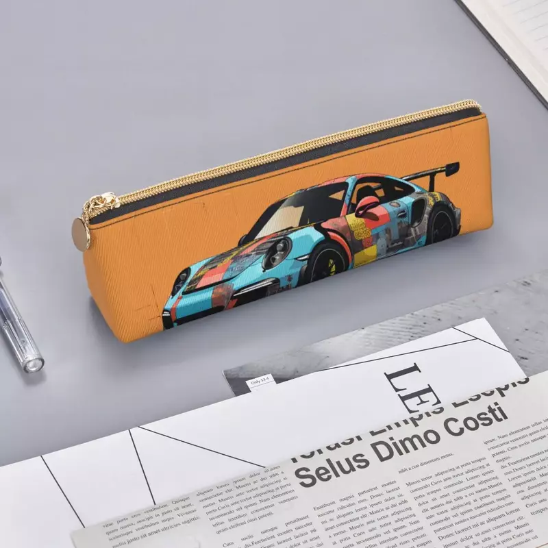 Classic Sports Car Leather Pencil Case Simplified Form Graffiti Back to School For Teens Pencil Box Vintage Print Pen Organizer