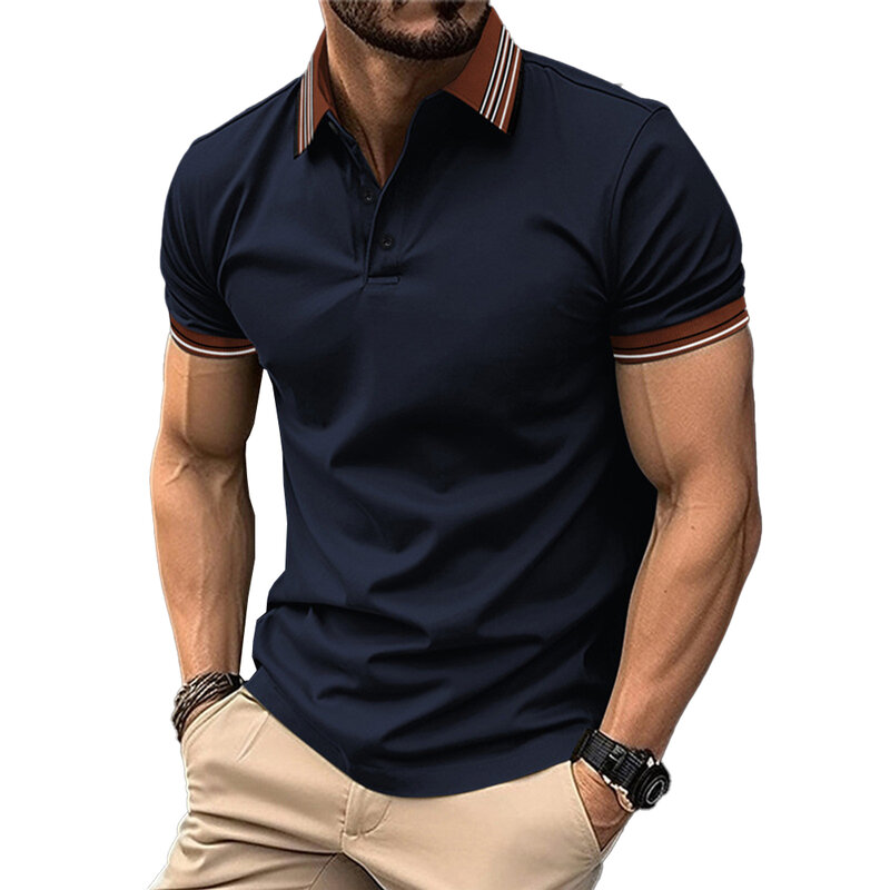 Футболка мужская в полоску, Повседневная Удобная рубашка, на пуговицах, с воротником, из полиэстера, для офиса, стандартная Мода