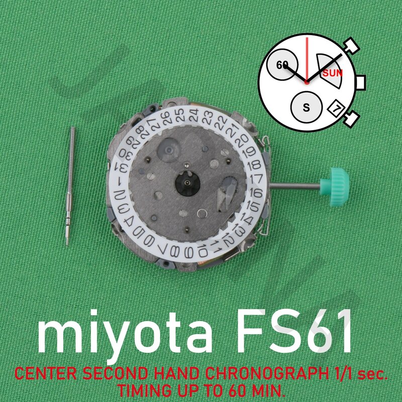 Movimento do Relógio Miyota FS61, SEGUNDO CENTRO, Cronometragem manual, Até 60 min, Data, 1:1 seg, Cronometragem