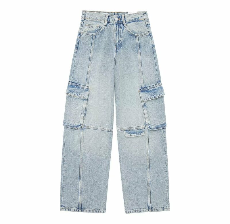 Jeans jeans reto com zíper para mulheres, cintura média, ferramental, calça feminina, bainha vintage, nova moda chique, 2024