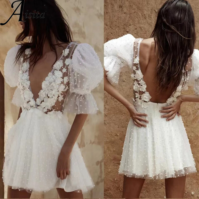 Женское свадебное платье It's yiiya, белое винтажное платье трапециевидной формы с V-образным вырезом, открытой спиной и полурукавами на лето 2019