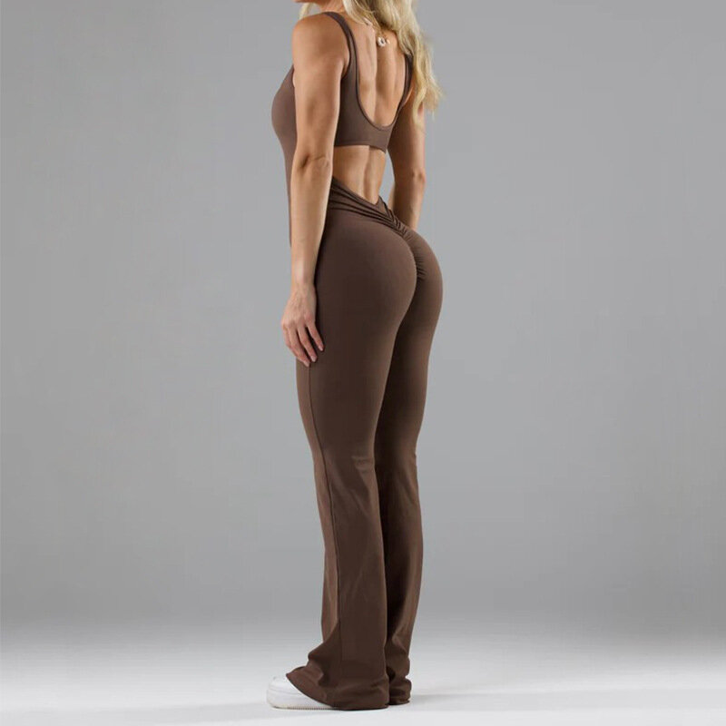 Женское Спортивное боди с вырезами на спине, комбинезон для йоги с нагрудной подушкой, медовые персиковые расклешенные бедра брюки, новый спортивный стиль на осень 831
