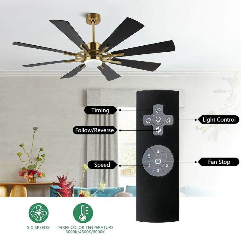 WINGBO 60" DC Ceiling Fan with Lights and Remote Control, Gold and Black Ceiling Fan, 8 Plywood Blades, 6-Speed Reversible