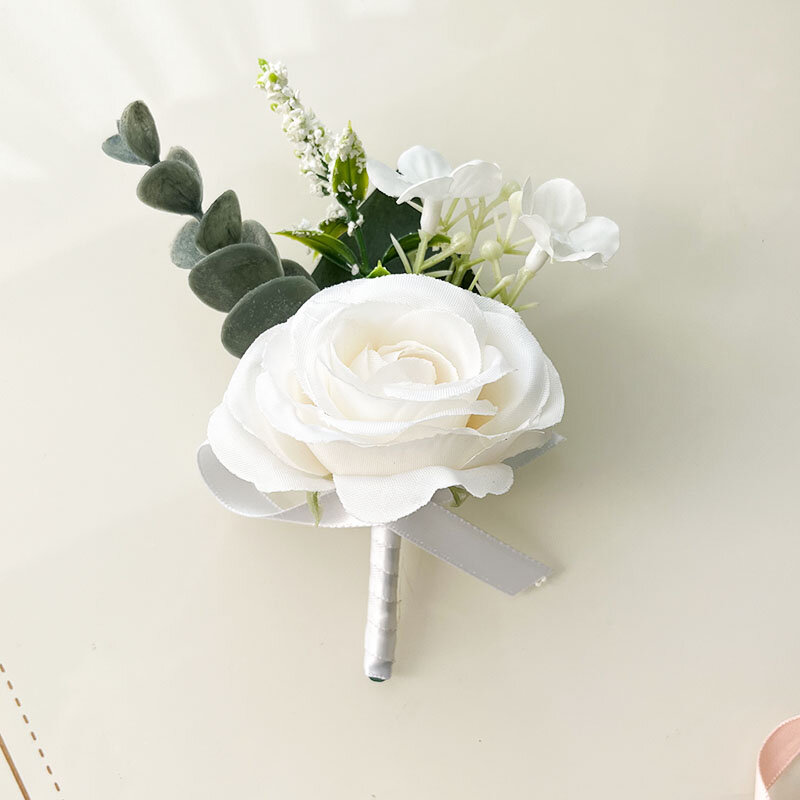 Groom Buttonhole White Boutonniere Wedding Accessories Bridesmaids Wrist Corsage Bracelet Silk Roses Artificial Brooch Flowers