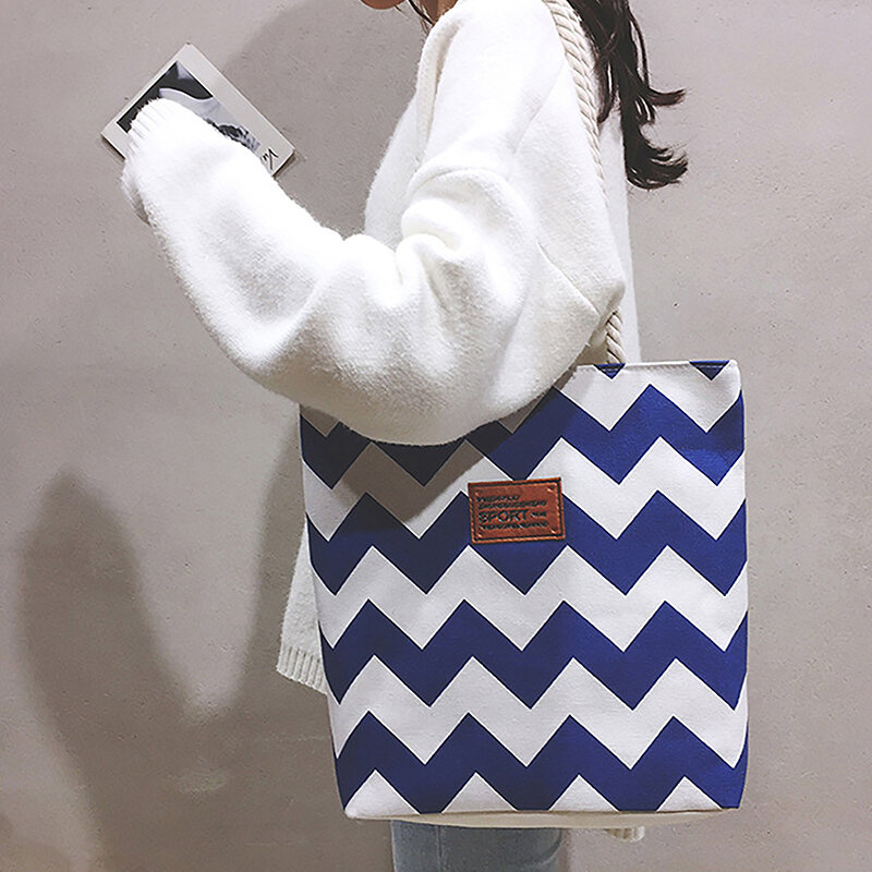 Bolso de hombro de lona con patrón de rayas, bolsa pequeña de cubo fresco, estilo coreano, Simple, a la moda, bolso de mano portátil de gran capacidad