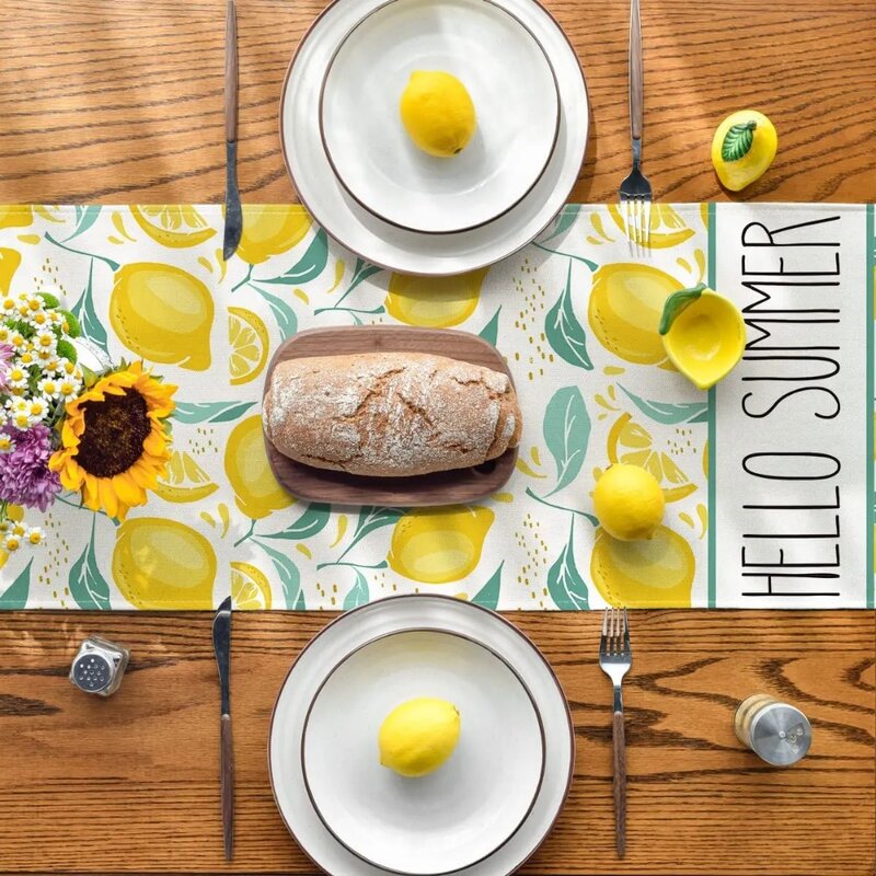 헬로 여름 레몬 린넨 테이블 러너, 용수철 과일 주방 식탁 장식, 홈 파티 장식