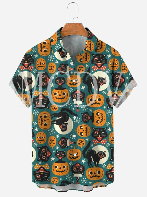 Camisa hawaiana de manga corta para hombre y mujer, camisa transpirable informal con estampado de gato negro para Halloween