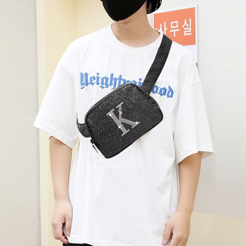 주얼리 K 디자인 메쉬 내부 포켓 반짝이 원단, 허리 숄더백, 지퍼 잠금, 뒷면 숨겨진 대용량 가방