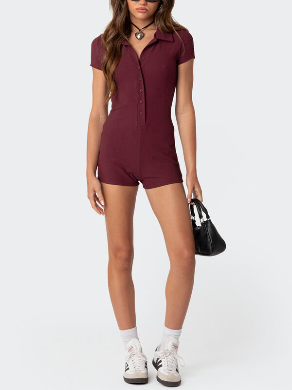Short Jumpsuits for Women Summer Solid Color Short Sleeve Single Breasted Playsuit with Buttons y2k Romper Streetwear