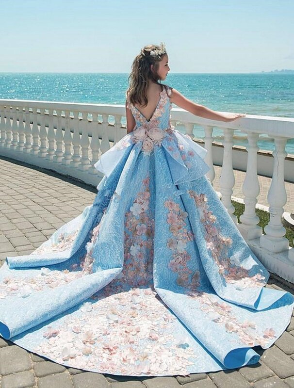 Vestido princesa flor azul céu, Apliques Sweep Train, Concurso, Aniversário, Vestidos de Primeira Comunhão Infantil, Casamento, Meninas, 2023