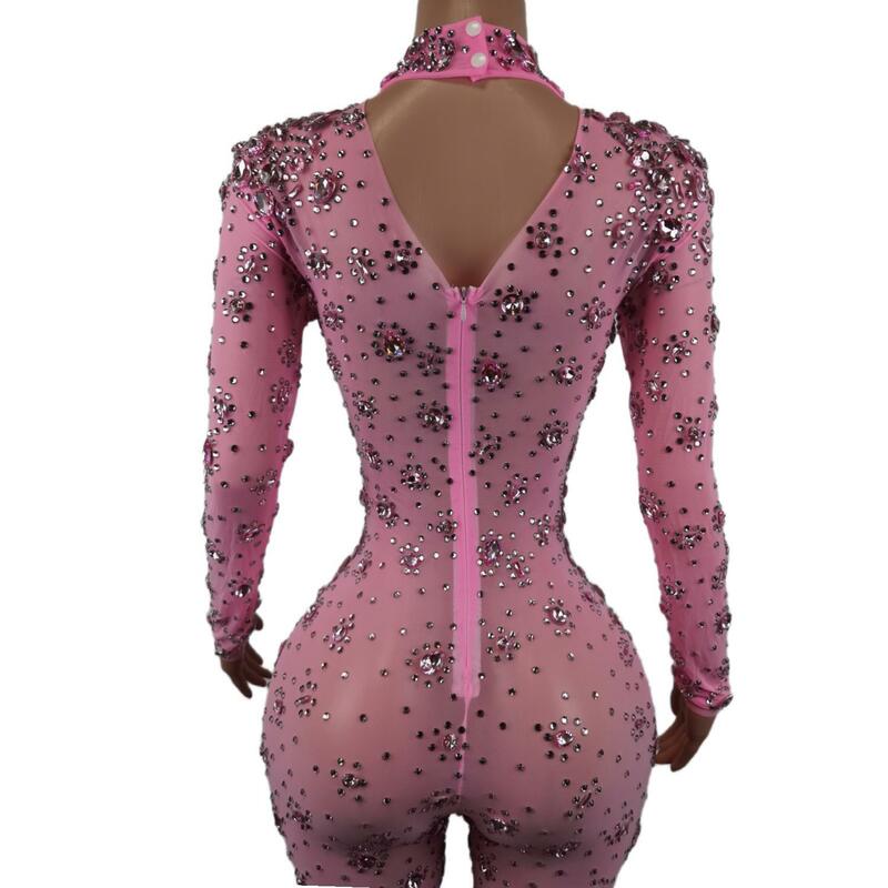 Bodysuit sexy de strass feminino, roupa de palco, perneiras rosa, fantasia de cristal boate, macacão de dança, cantora feminina