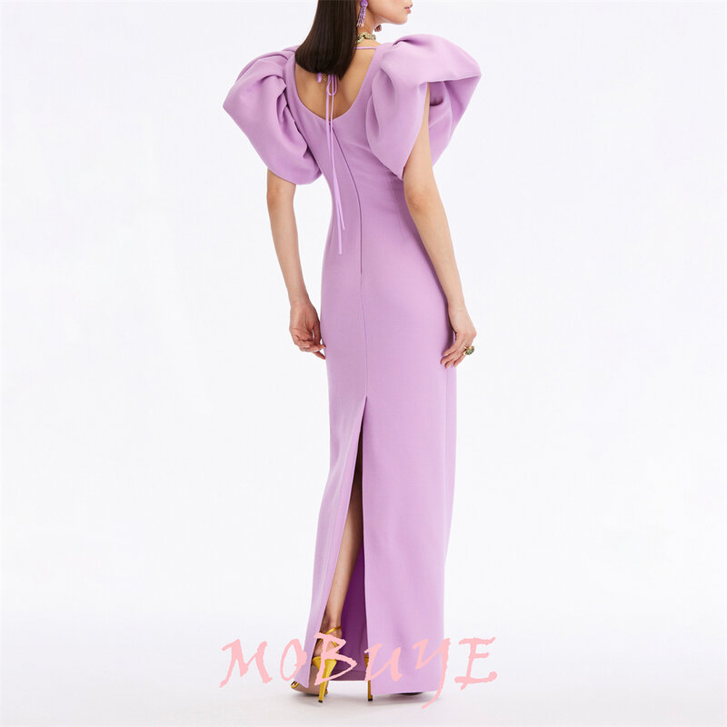 MOBUYE 2024 Popular Short Sleeves  Prom Dress Ankle-Length With Sllit  Evening Fashion Elegant Party Dress For Women