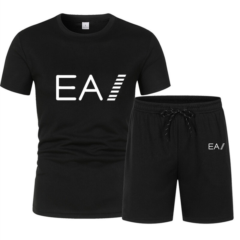 Men's new summer letter EA1 printed short sleeved and shorts two-piece set, fashionable casual breathable sports set