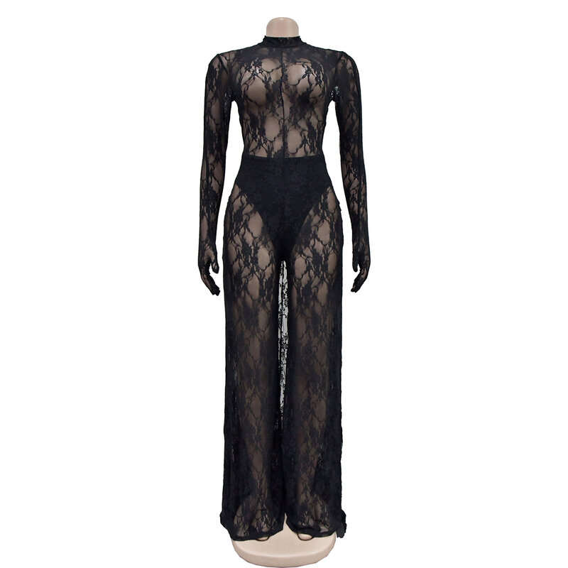 Sexy Lace Backless Binding Perspective Women's jumpsuit 2024 Summer New Fashion Nightclub Evening Dress