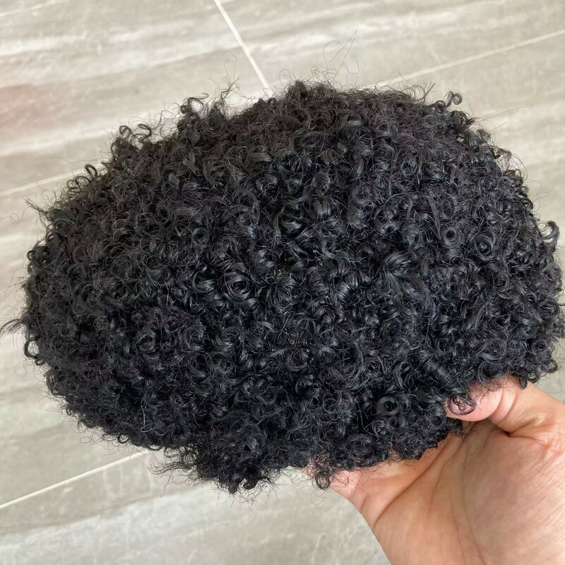 Rambut palsu Pria Hitam 8mm pengganti keriting Afro hiasan rambut dasar PU kulit injeksi untuk pria 100% rambut manusia Remy prostesis pria coklat