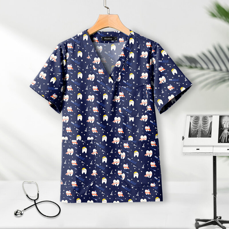 Medical Nurse Uniform Printed Cotton Work Uniform Men Women Breathable Shirt Short Sleeved Top Personalized Printing Wear Unisex
