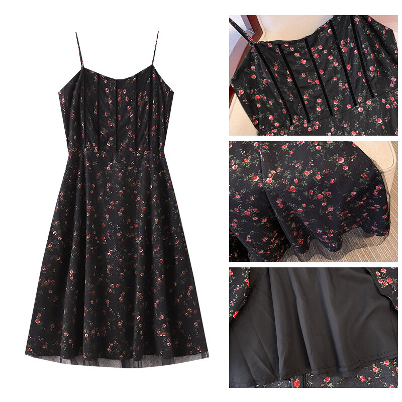 Женское летнее Повседневное платье-комбинация, многослойная Полиэстеровая ткань, сетчатый дизайн, черная юбка с принтом, свободная и удобная