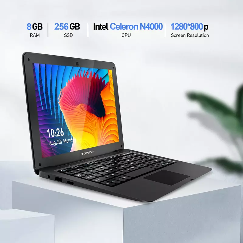 TOPOSH 10.1 inch Mini Netbook Intel N4000 8GB RAM 64GB ROM Portable Dual-band WIFI Bluetooth Windows 10 Pro Notebook Computer