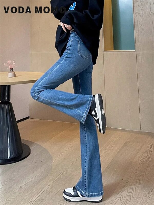 Celana Denim klasik Korea, celana Denim kasual baru 2024, celana jins suar pinggang tinggi ramping untuk mode wanita Vintage santai serbaguna