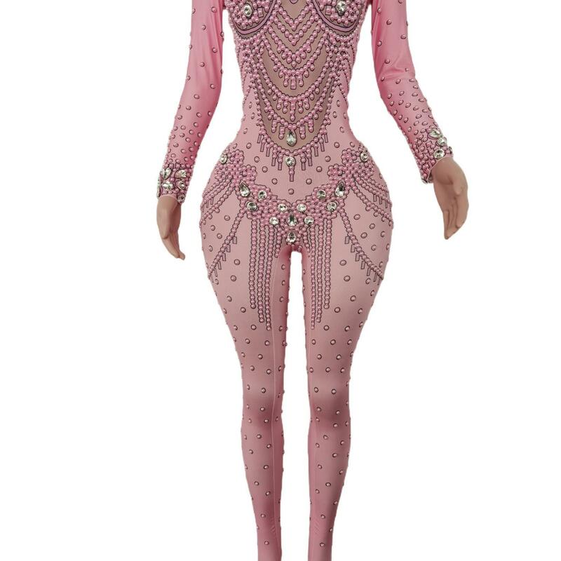 Bodysuit de cristal espumante feminino, macacão rosa, vidro espumante, roupa sexy do palco, fantasias de performance, boate festa