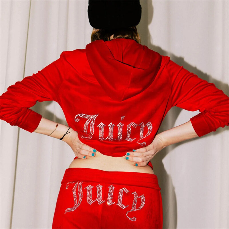 Velour Tracksuit Women Long Sleeve Hoodie Juicy Bling Shine Tops+Pants Two Piece Diamond Logo Print Casual Workout Clothes