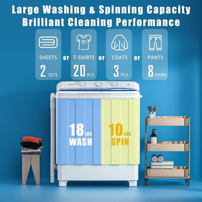 Portable Washing Machine, 28lbs Twin Tub Washer Mini Compact Laundry Machine with Drain Pump