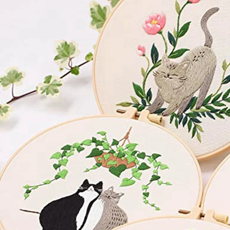 Kit inicial de bordados de alta qualidade para mulheres, artesanato com gatos e plantas padrões, apto para iniciantes, hobbies, adultos, 3 pacotes