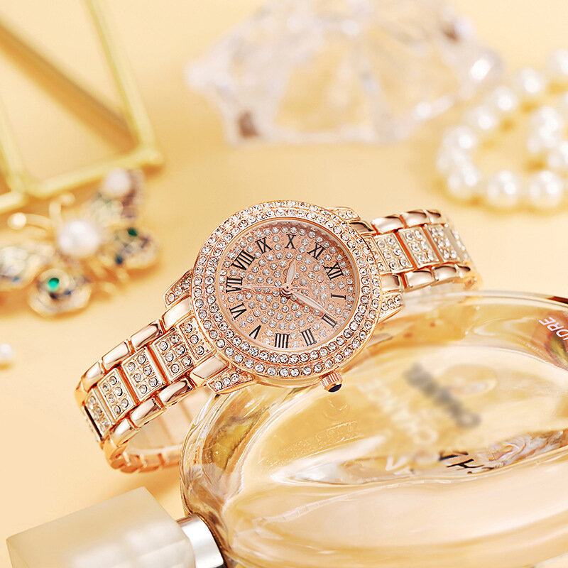 Luxo All Diamond Quartz Watch para senhoras, elegante ouro rosa, aço inoxidável, cristal moda relógio de pulso, mostrador pequeno, presente meninas