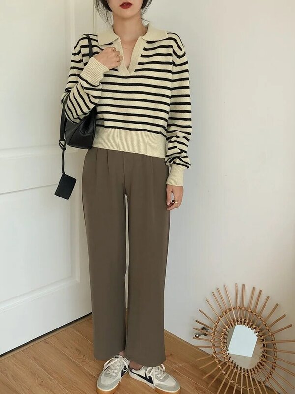 Sweter rajut bergaris model Korea, Sweater rajut dasar Chic kerah Polo ukuran ekstra besar kasual gaya Harajuku wanita