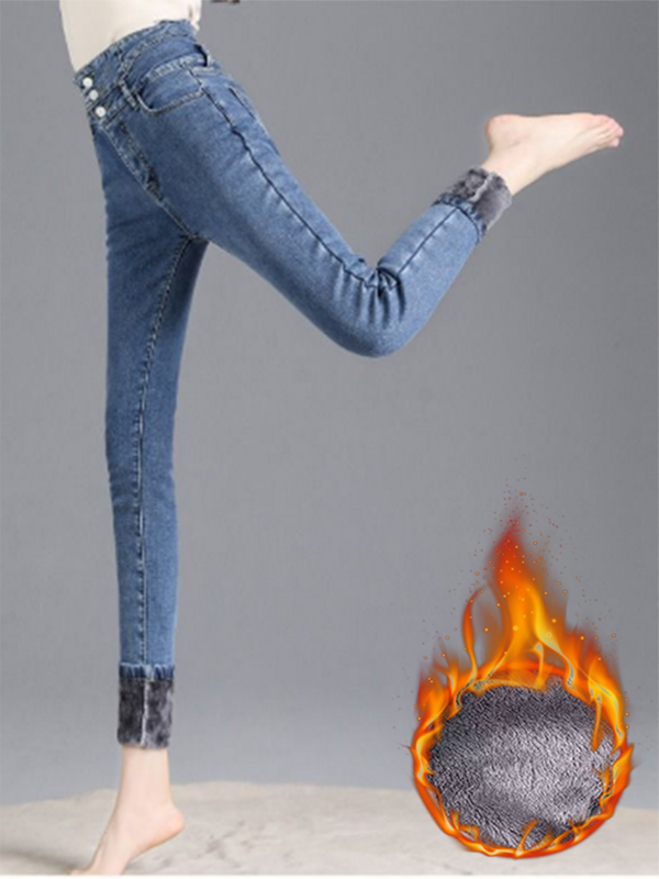 Зимние обтягивающие узкие утепленные джинсовые брюки-карандаш с высокой талией, повседневные винтажные женские уличные брюки