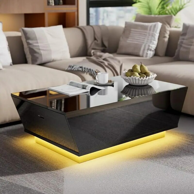 Cozy Castle High Gloss Coffee Table with LED, Modern Center Table with 2 Large Hidden Storage Drawers for Living Room, Black, 47
