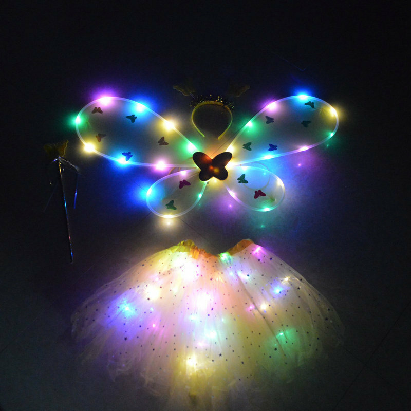 Nuove ali di farfalla colorate a emissione di luce ali di cartone animato ali d'angelo per bambini Elf gonna a emissione di luce 2 pezzi puntelli per feste per bambini