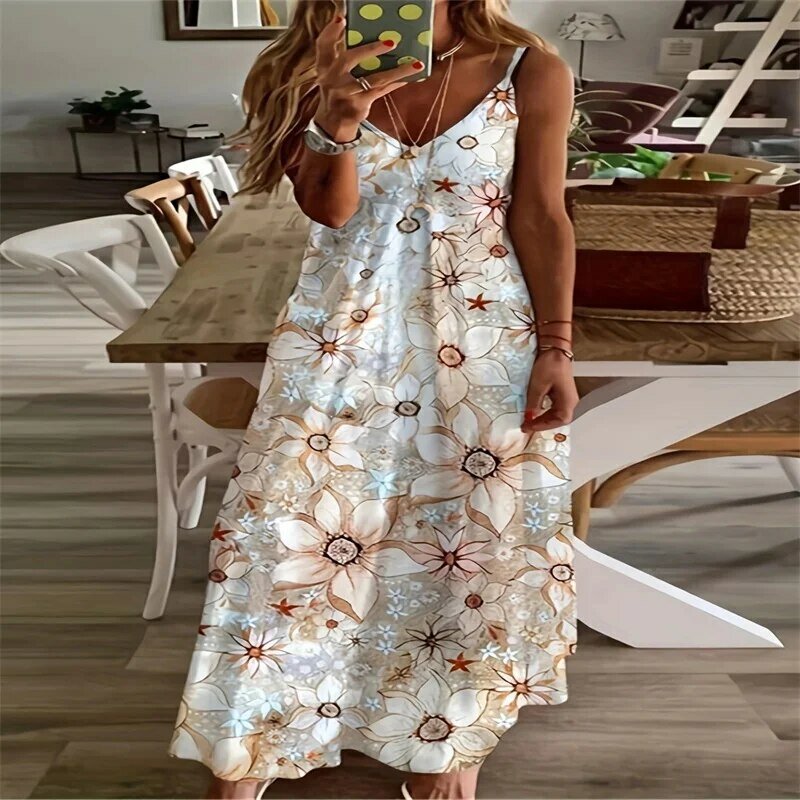 Plus Size Summer New European and American Cross-Border Women clothes V-neck Fashion Print Loose Sling Dress
