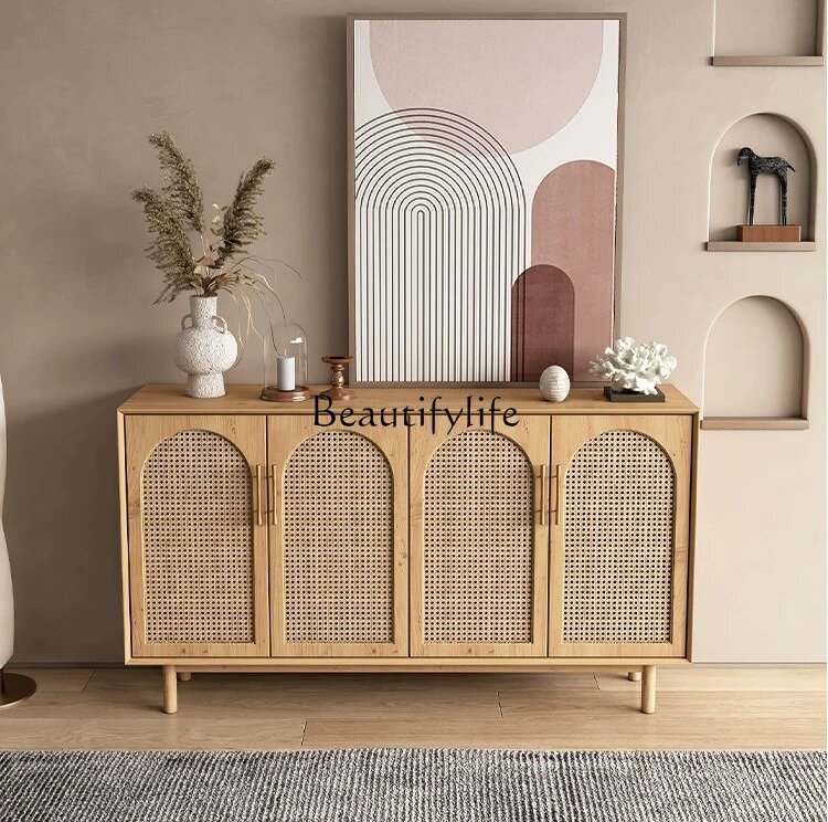 Nordic Rattan Solid Wood Sideboard Living Room Entrance Cabinet Locker Light Luxury Storage Side Cabinet