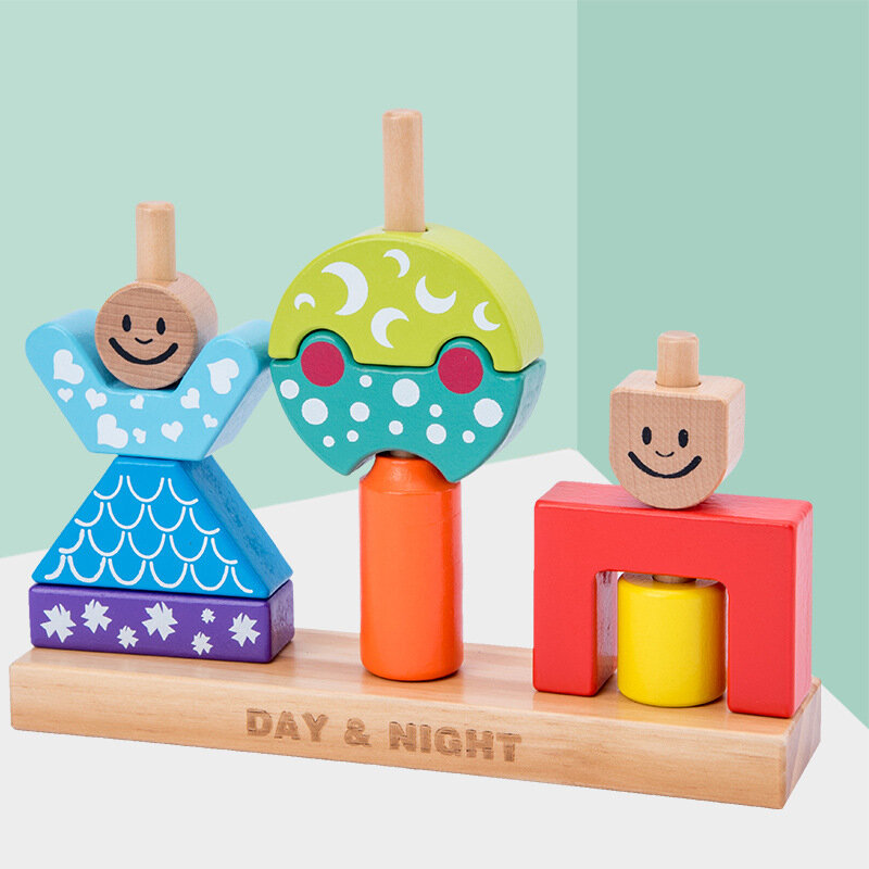 Baby Wooden Building Blocks Kids Creative DIY Day And Night Board Game Montessori Toys Funny Education Gift For Children Boys