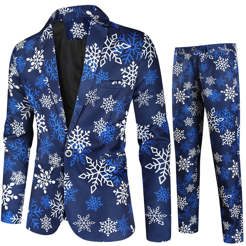 Jas Natal Pria Dua Potong Cetak Merah (Jaket + Celana) Jas Blazer Pria Bergaya dengan Celana Panjang Hitam Hijau Biru S-4XL