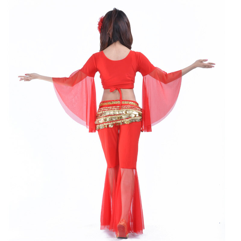 Mesh Lace-up Exercise Suit Set Belly Dance Slim Skinny Flared Pants Butterfly Sleeve Top Coin Waist Chain Stage Performance